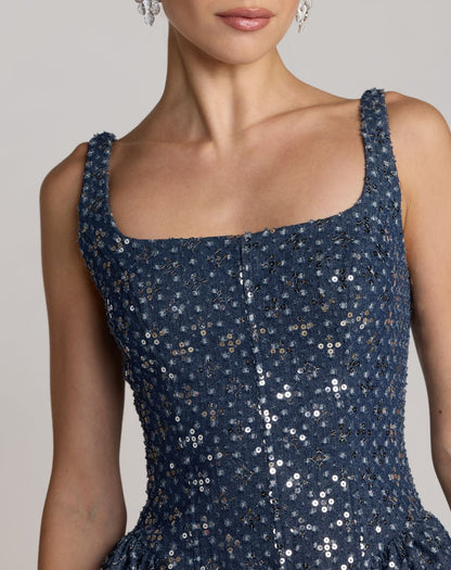 Mac Duggal Blue Sleeveless Sequin Denim Mini Dress