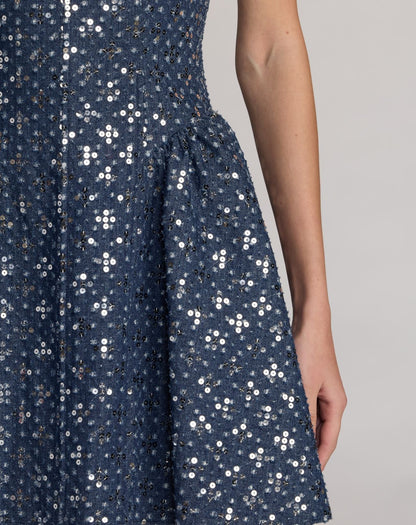 Mac Duggal Blue Sleeveless Sequin Denim Mini Dress