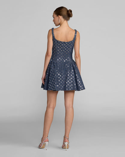 Mac Duggal Blue Sleeveless Sequin Denim Mini Dress