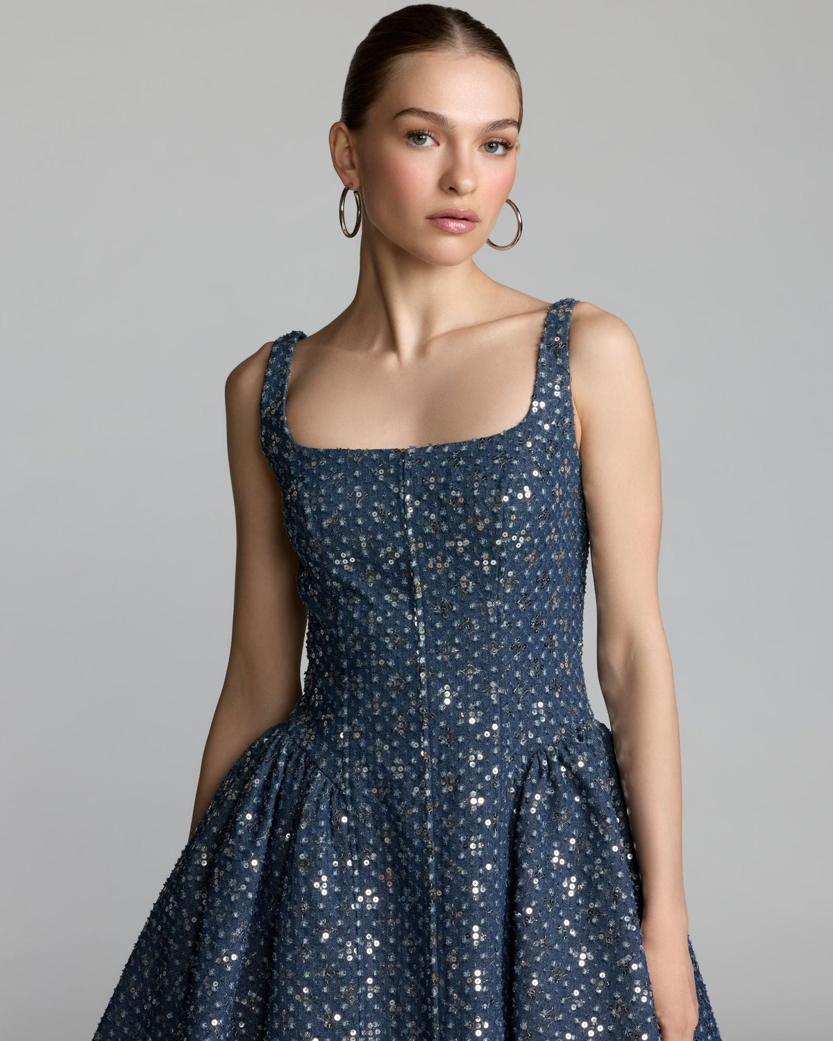 Mac Duggal Blue Sleeveless Sequin Denim Mini Dress