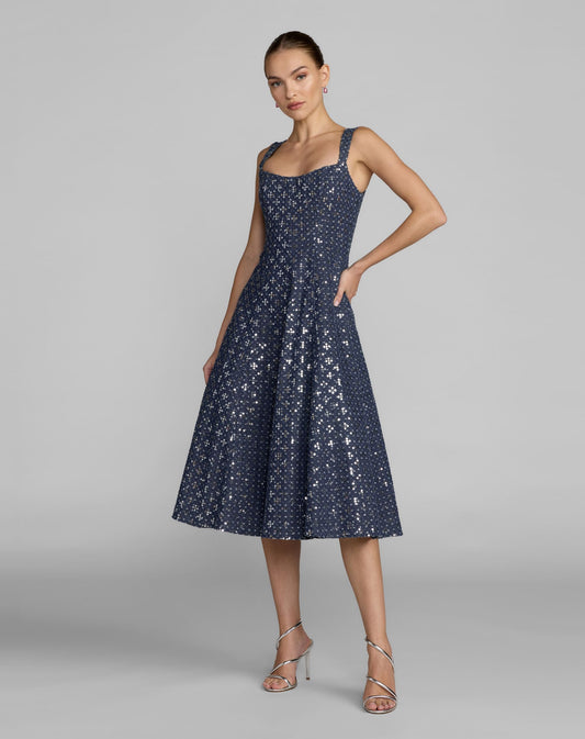 Mac Duggal Blue Sleeveless Sequin Denim Midi Dress