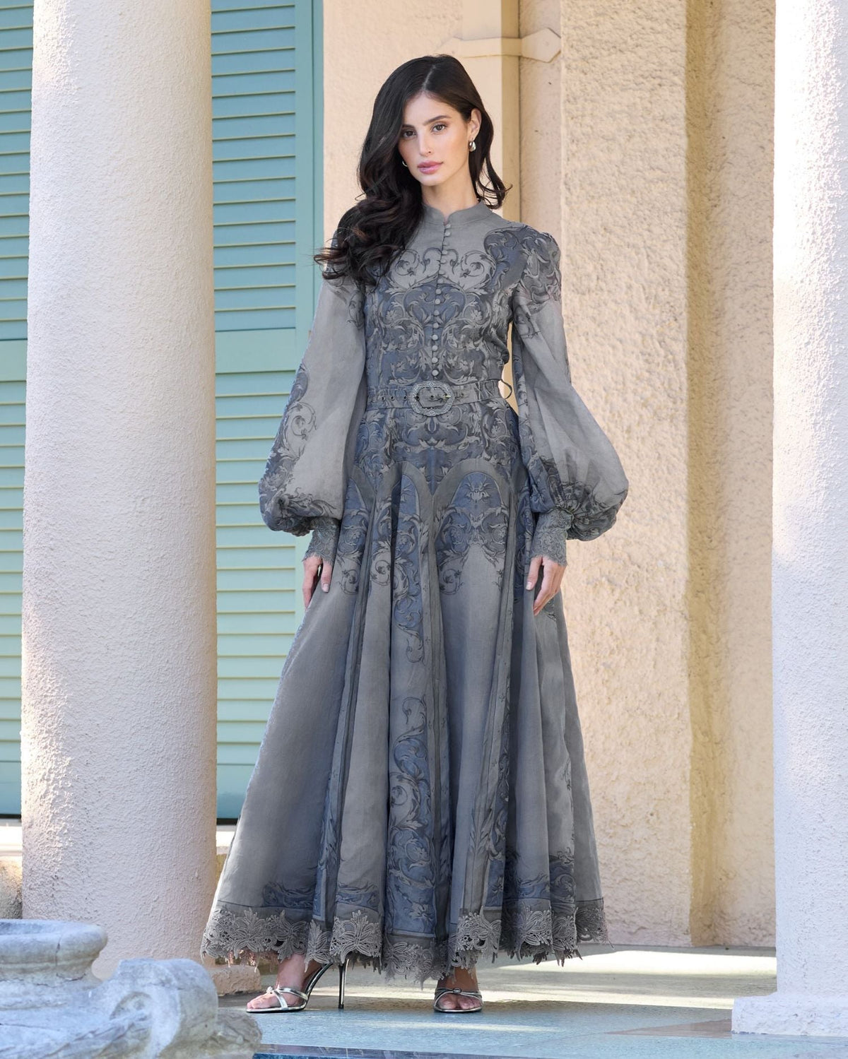 Mac Duggal Gray Bishop Sleeve Printed Cotton A-Line Dress