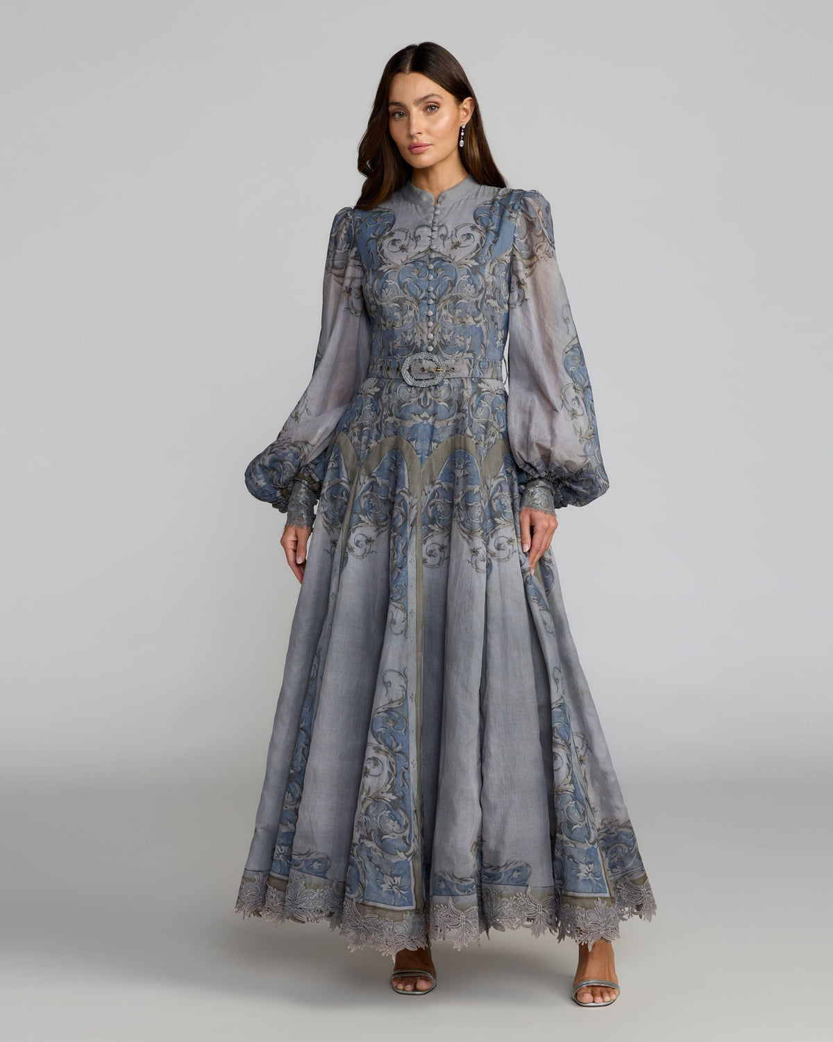 Mac Duggal Petite Slate Blue Bishop Sleeve Printed Cotton A-Line Dress