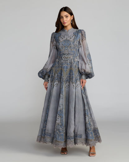 Mac Duggal Petite Slate Blue Bishop Sleeve Printed Cotton A-Line Dress