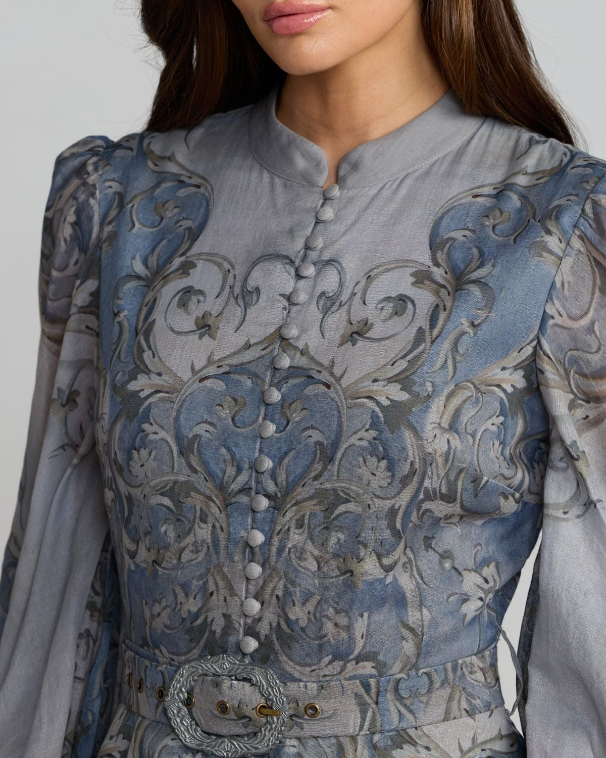 Mac Duggal Petite Slate Blue Bishop Sleeve Printed Cotton A-Line Dress