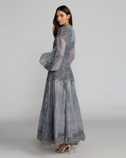 Mac Duggal Petite Slate Blue Bishop Sleeve Printed Cotton A-Line Dress