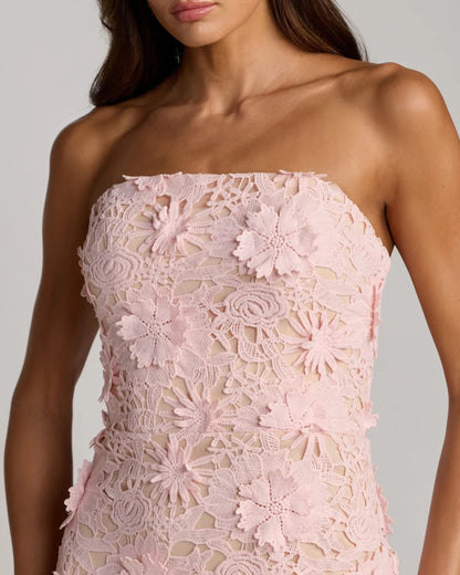 Mac Duggal Pink Strapless 3D Floral Midi Dress