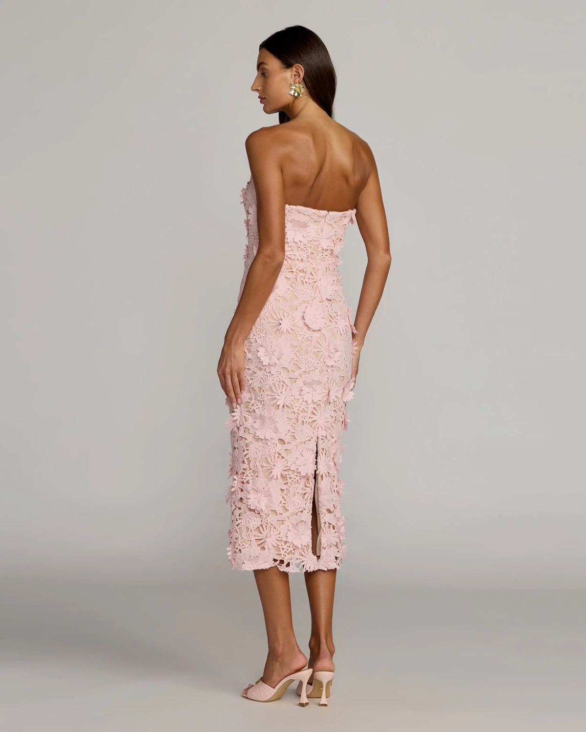 Mac Duggal Pink Strapless 3D Floral Midi Dress