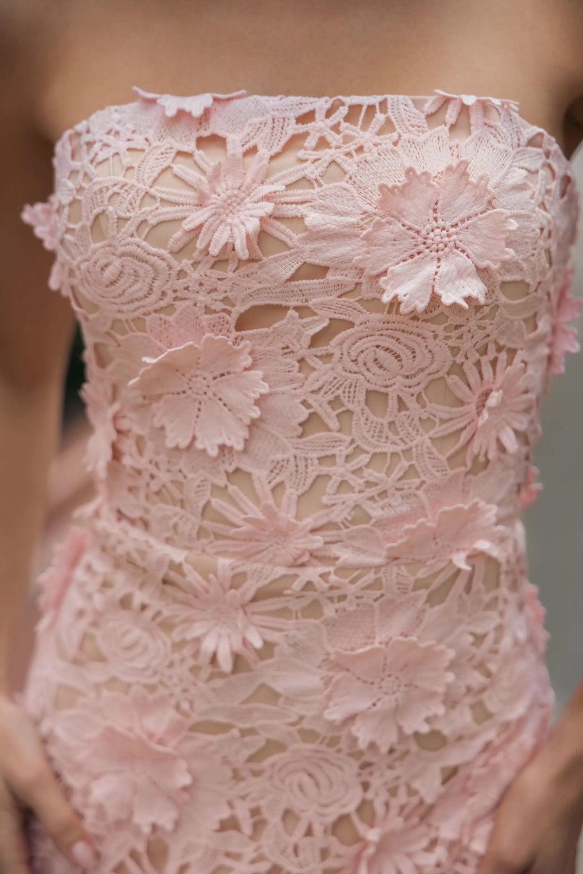 Mac Duggal Pink Strapless 3D Floral Midi Dress