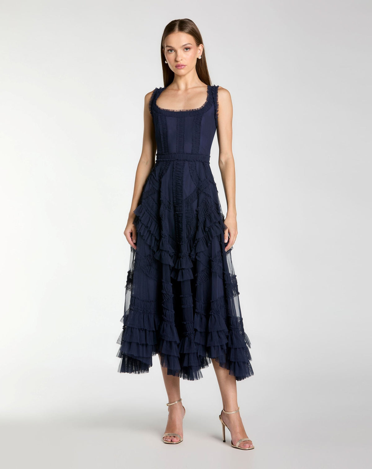 Mac Duggal Navy Scoop Neck Sleeveless Micro Ruffle Midi Dress