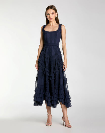 Mac Duggal Navy Scoop Neck Sleeveless Micro Ruffle Midi Dress