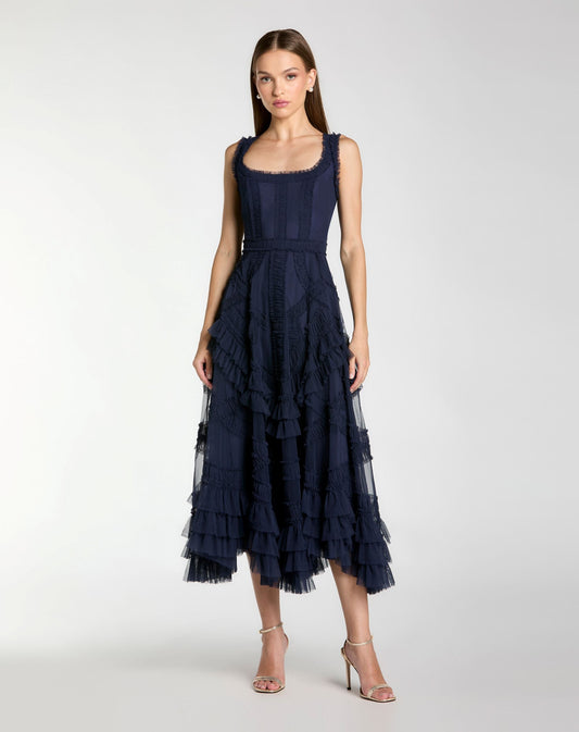 Mac Duggal Navy Scoop Neck Sleeveless Micro Ruffle Midi Dress
