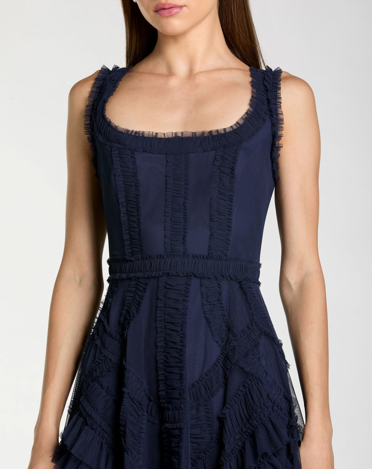 Mac Duggal Navy Scoop Neck Sleeveless Micro Ruffle Midi Dress