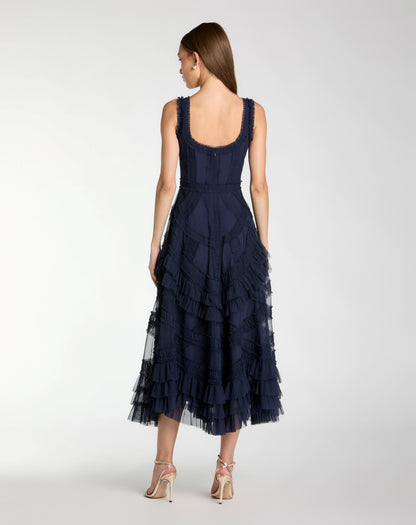 Mac Duggal Navy Scoop Neck Sleeveless Micro Ruffle Midi Dress