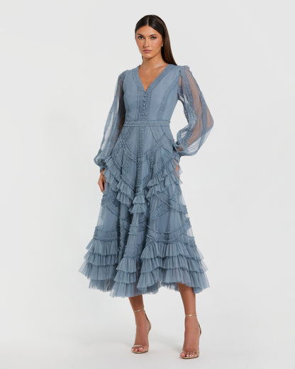 Mac Duggal Petite Blue Long Sleeve V-Neck Micro Ruffle Midi Dress