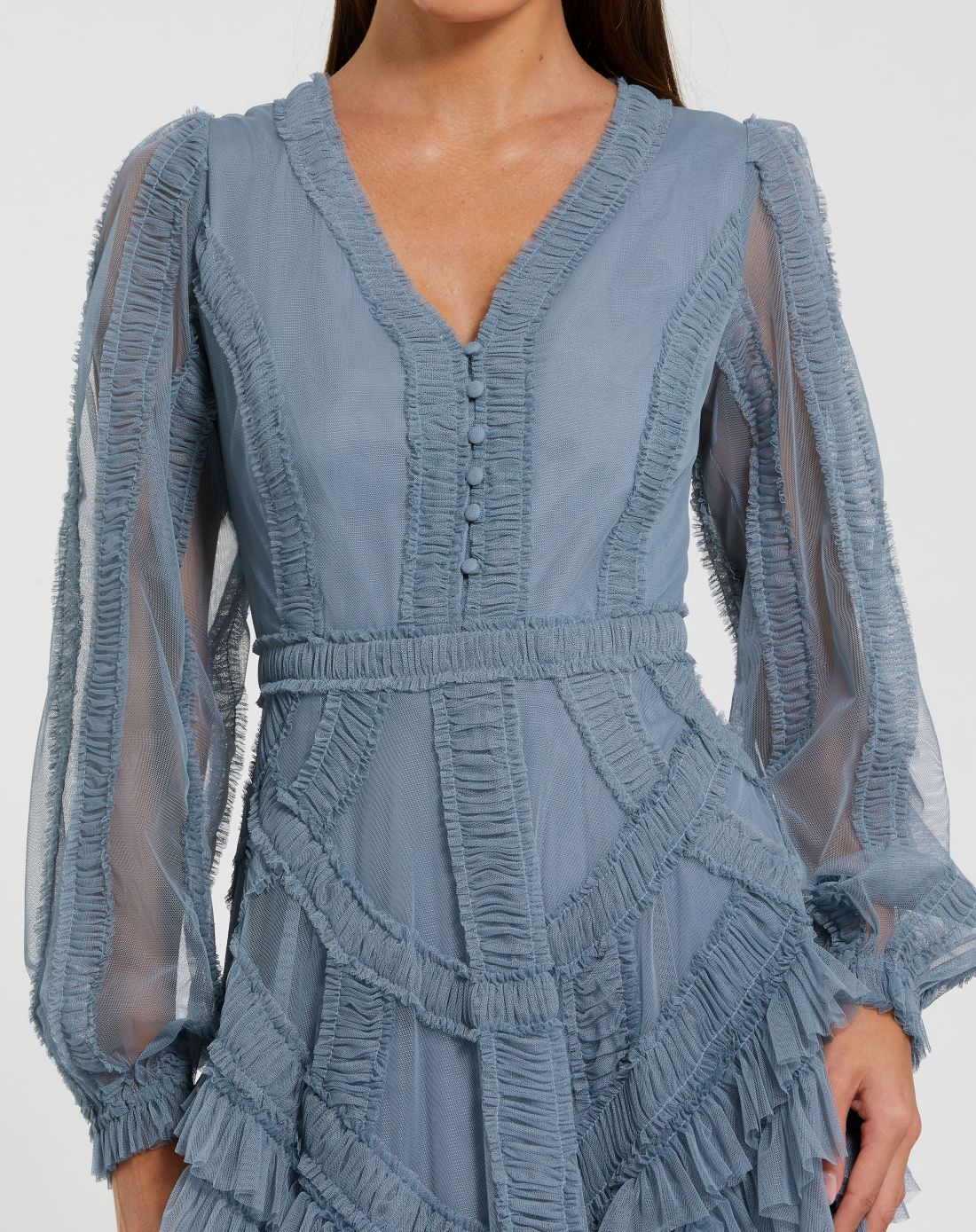 Mac Duggal Petite Blue Long Sleeve V-Neck Micro Ruffle Midi Dress