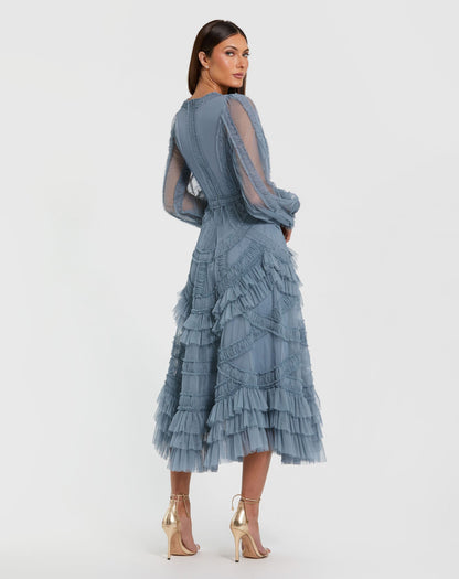 Mac Duggal Petite Blue Long Sleeve V-Neck Micro Ruffle Midi Dress