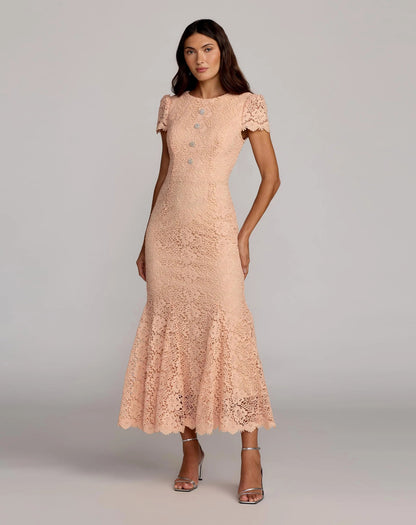 Mac Duggal Peach Embroidered Lace Cap Sleeve Midi Dress
