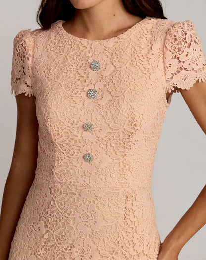Mac Duggal Peach Embroidered Lace Cap Sleeve Midi Dress