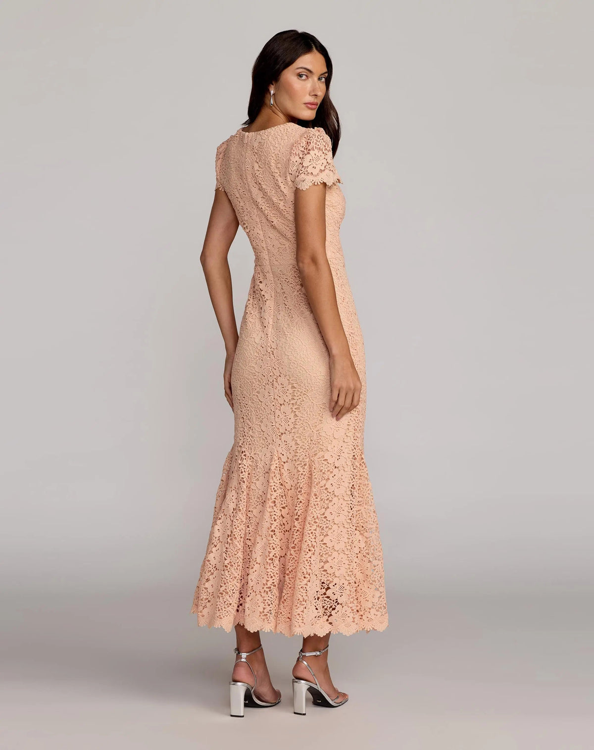 Mac Duggal Peach Embroidered Lace Cap Sleeve Midi Dress