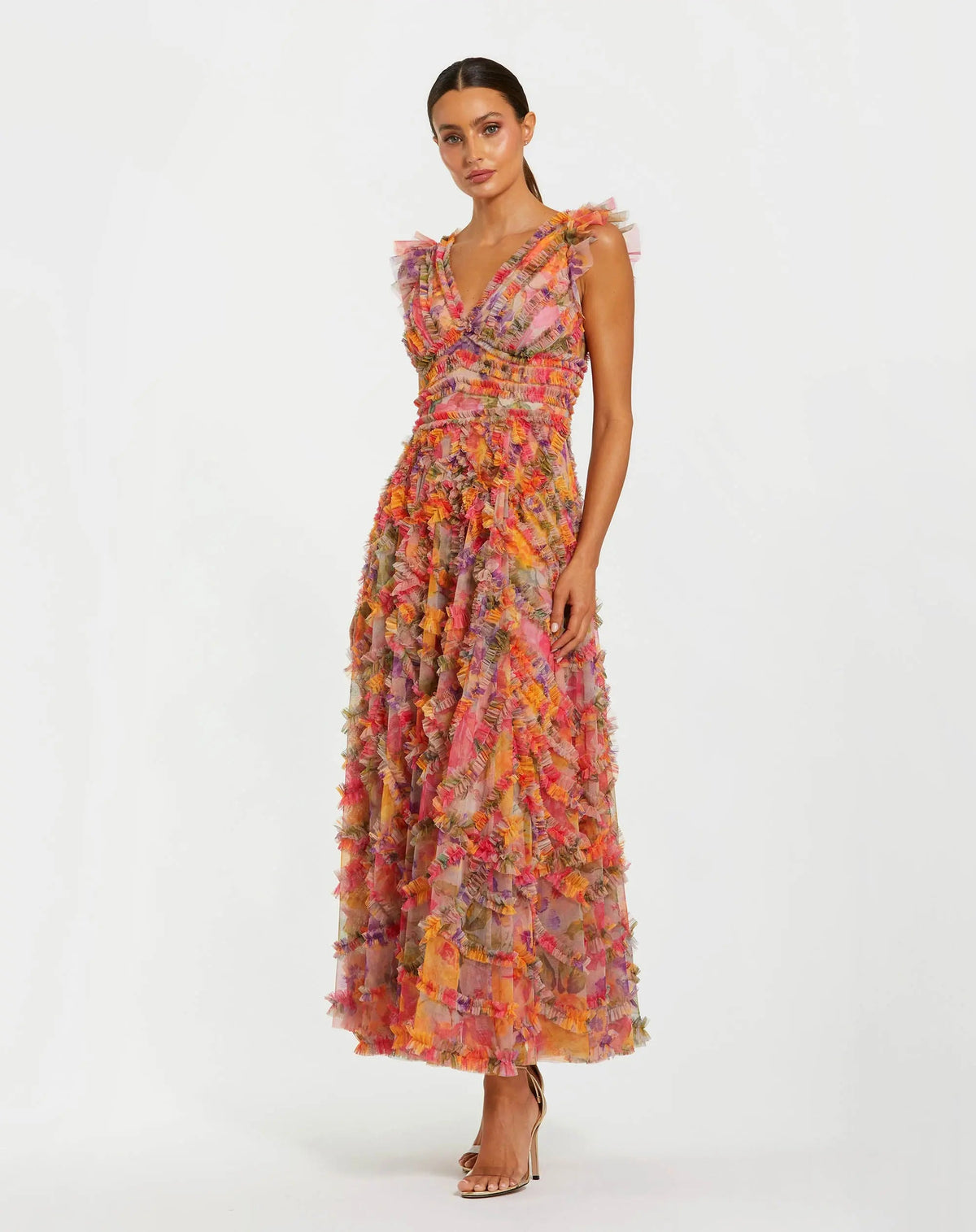 Mac Duggal Petite Multicolor Floral V-Neck Ruffle Maxi Dress