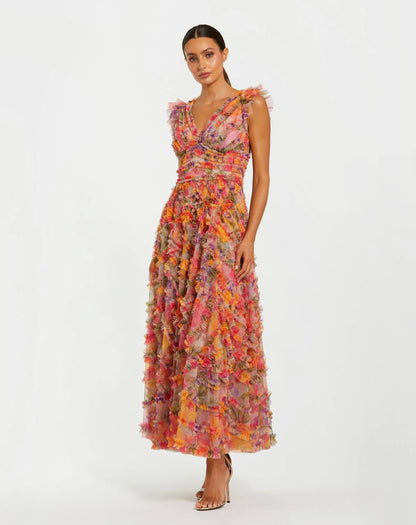 Mac Duggal Petite Multicolor Floral V-Neck Ruffle Maxi Dress
