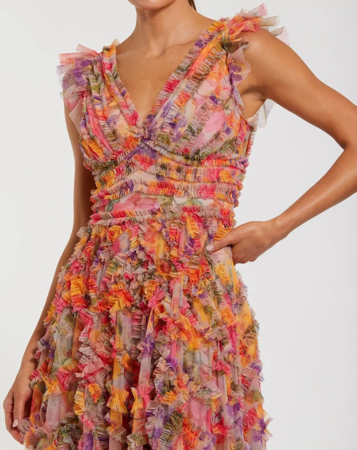 Mac Duggal Petite Multicolor Floral V-Neck Ruffle Maxi Dress