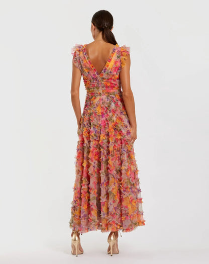Mac Duggal Petite Multicolor Floral V-Neck Ruffle Maxi Dress