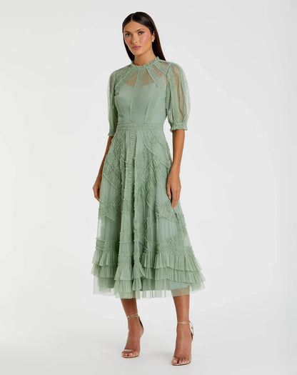 Mac Duggal Petite Green High Neck Ruffle Tiered A-Line Midi Dress
