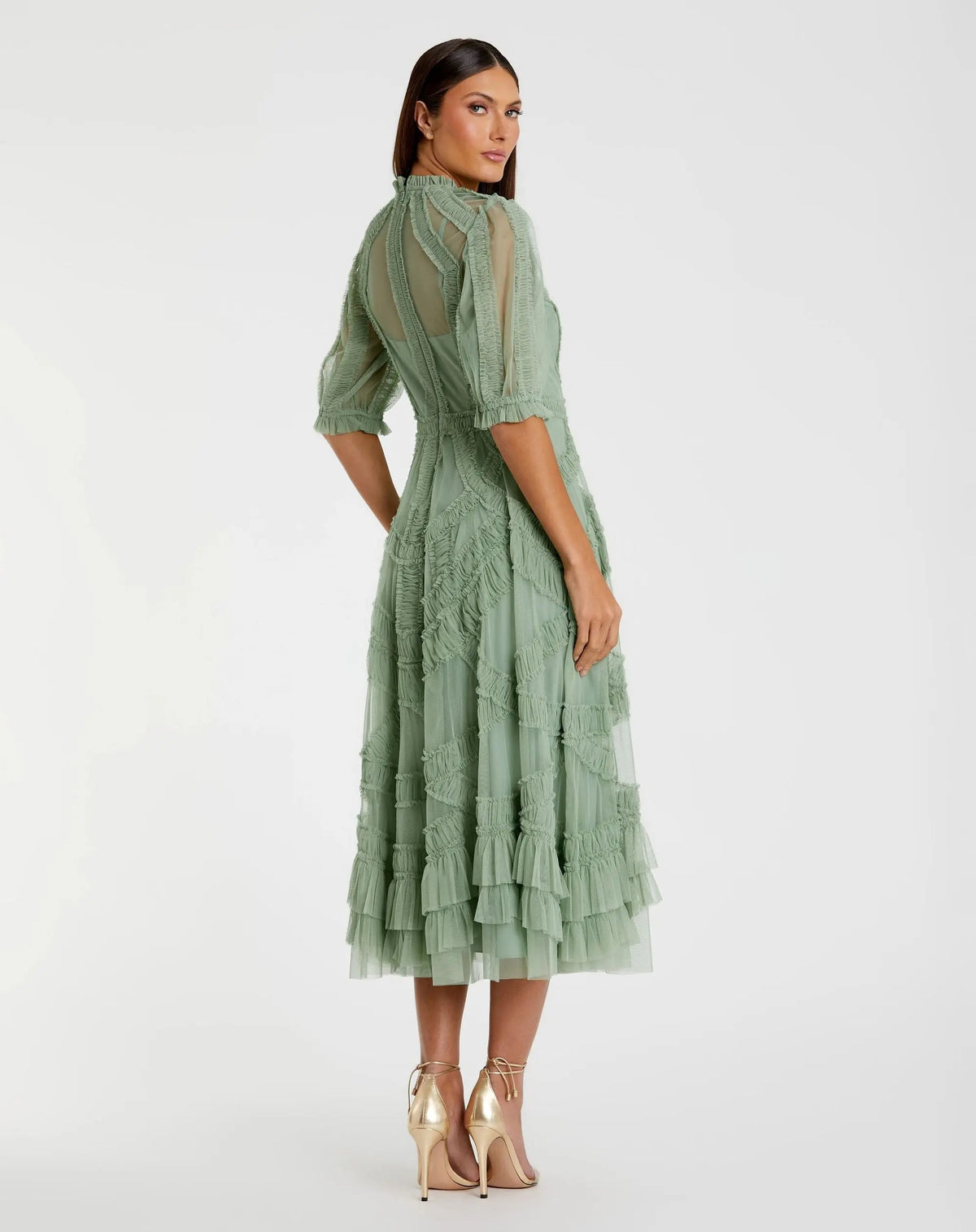 Mac Duggal Petite Green High Neck Ruffle Tiered A-Line Midi Dress