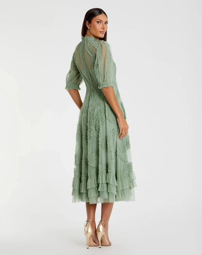 Mac Duggal Petite Green High Neck Ruffle Tiered A-Line Midi Dress