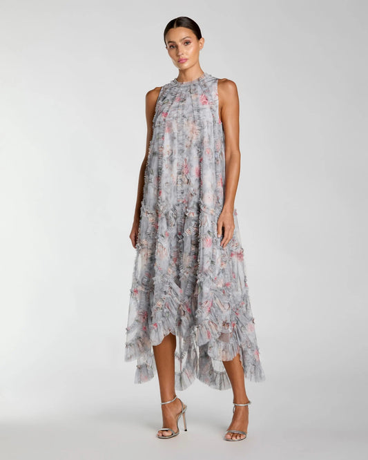 Mac Duggal Gray Floral Ruffle High Neck Midi Dress