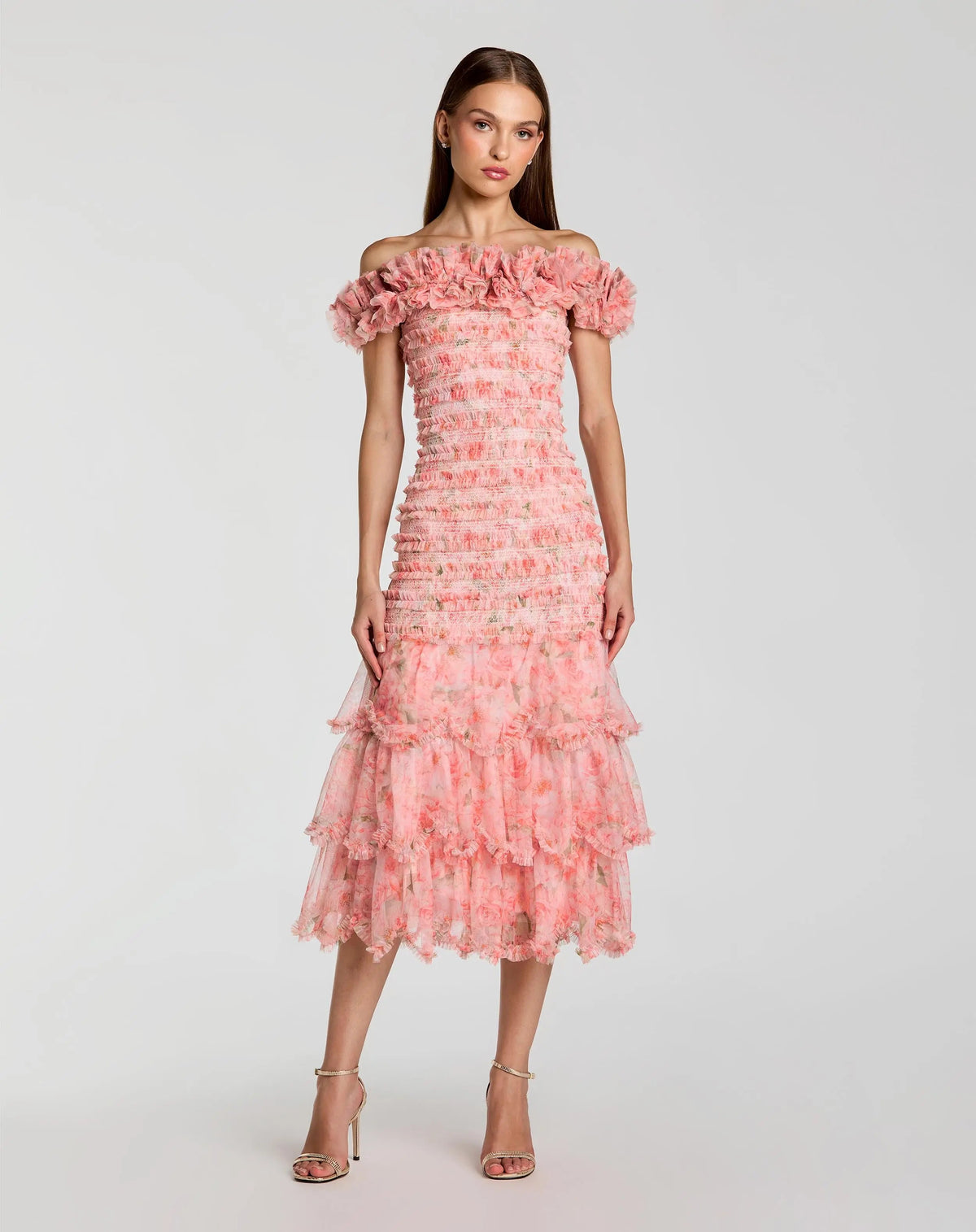 Mac Duggal Pink Floral Off The Shoulder Ruffle Midi Dress