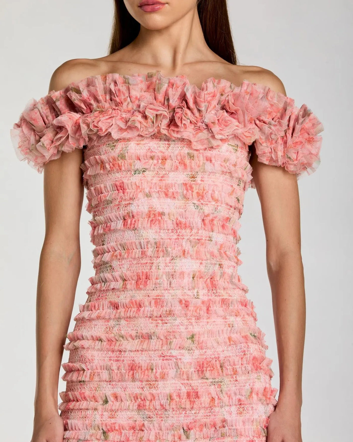 Mac Duggal Pink Floral Off The Shoulder Ruffle Midi Dress