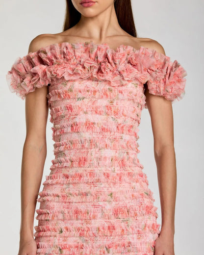 Mac Duggal Pink Floral Off The Shoulder Ruffle Midi Dress