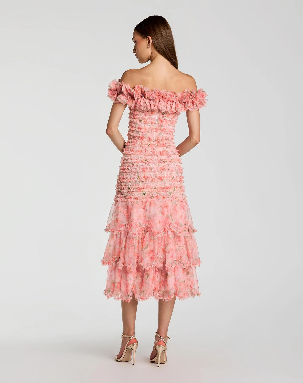 Mac Duggal Pink Floral Off The Shoulder Ruffle Midi Dress
