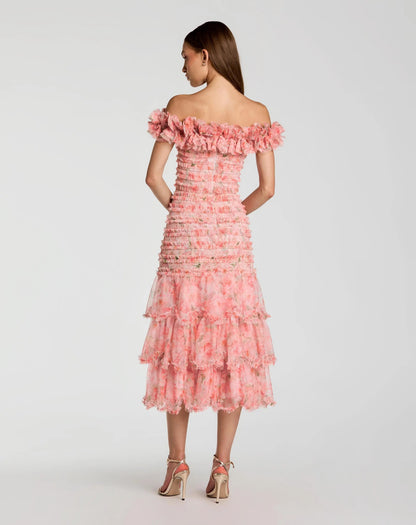 Mac Duggal Pink Floral Off The Shoulder Ruffle Midi Dress