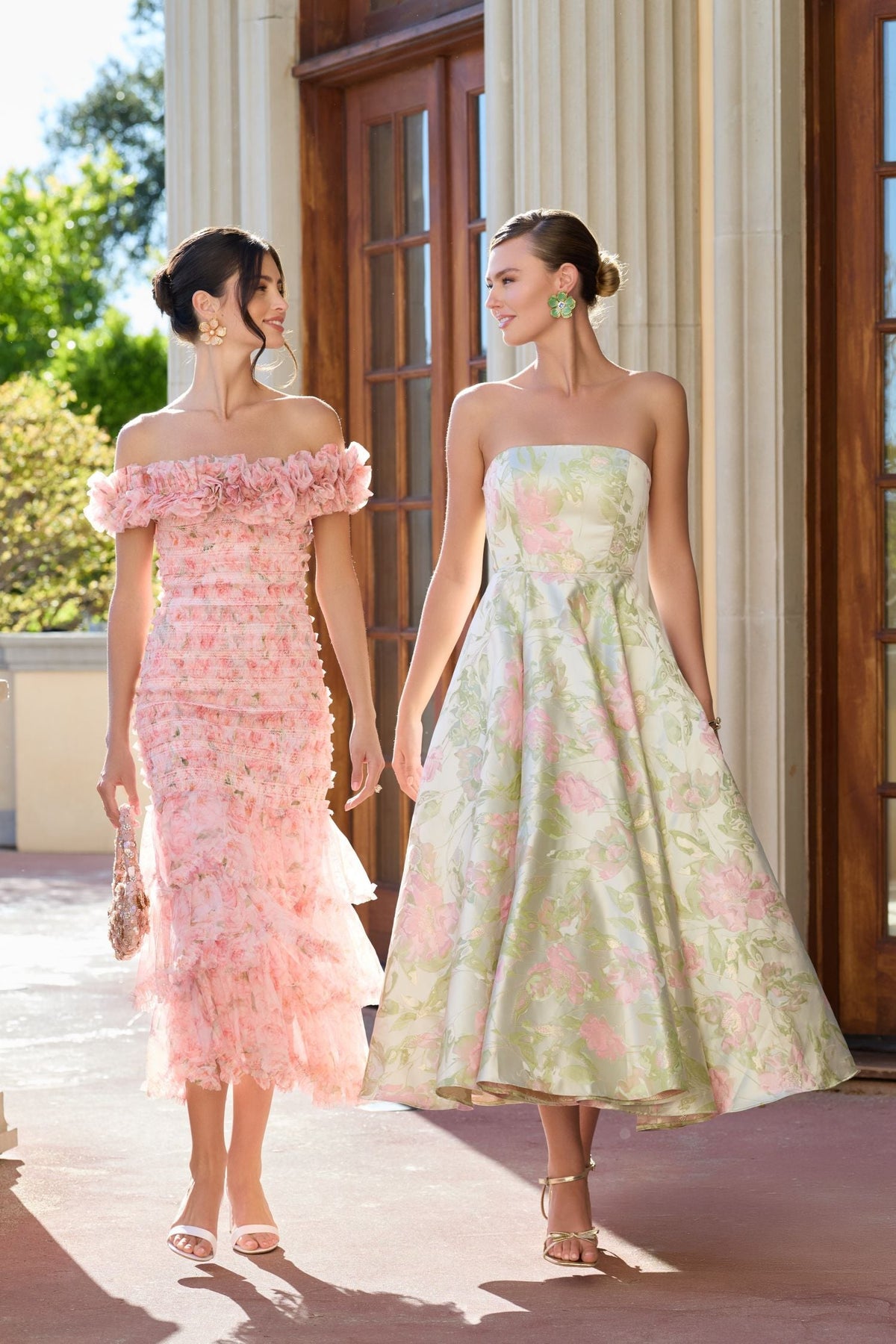 Mac Duggal Pink Floral Off The Shoulder Ruffle Midi Dress