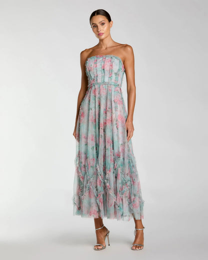 Mac Duggal Blue Strapless Floral Ruffle Dress