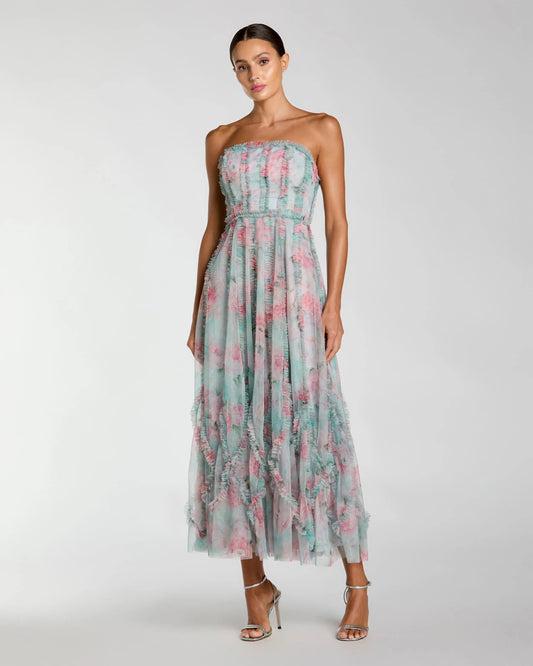 Mac Duggal Blue Strapless Floral Ruffle Dress