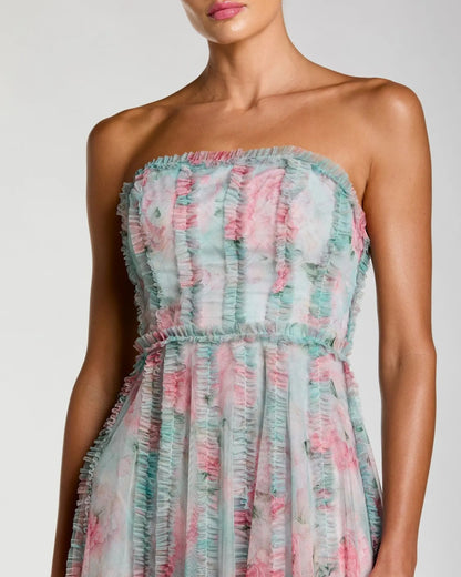 Mac Duggal Blue Strapless Floral Ruffle Dress