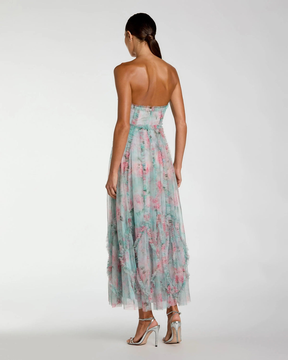 Mac Duggal Blue Strapless Floral Ruffle Dress