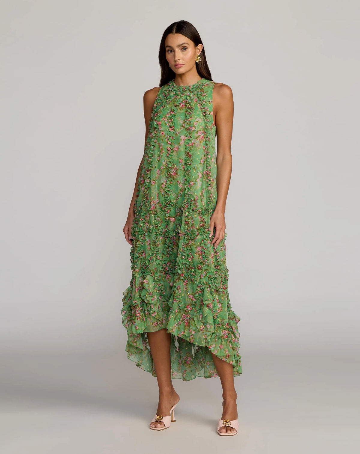 Mac Duggal Green Sleeveless Floral Chiffon Micro Ruffle Midi Dress