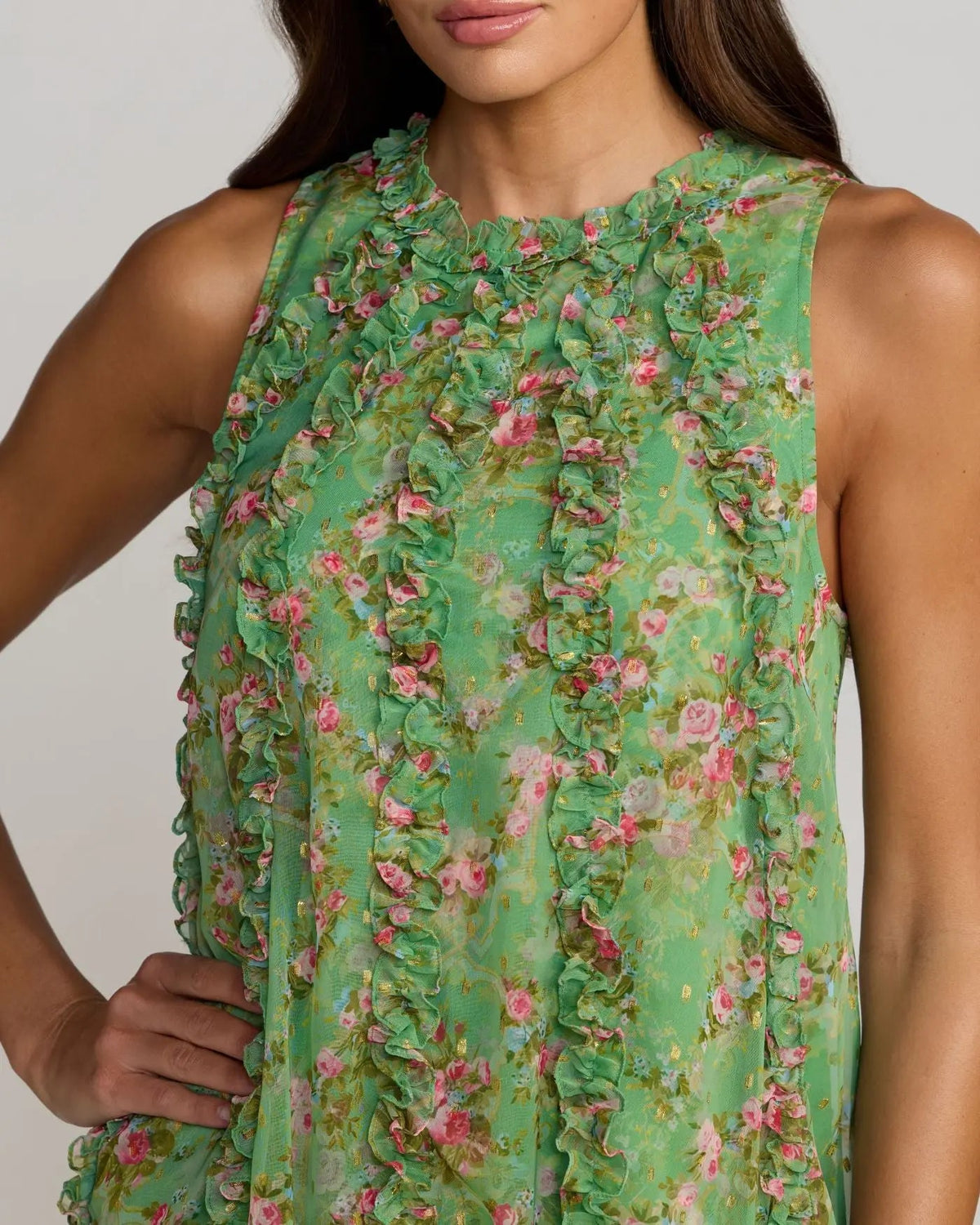 Mac Duggal Green Sleeveless Floral Chiffon Micro Ruffle Midi Dress