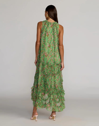 Mac Duggal Green Sleeveless Floral Chiffon Micro Ruffle Midi Dress