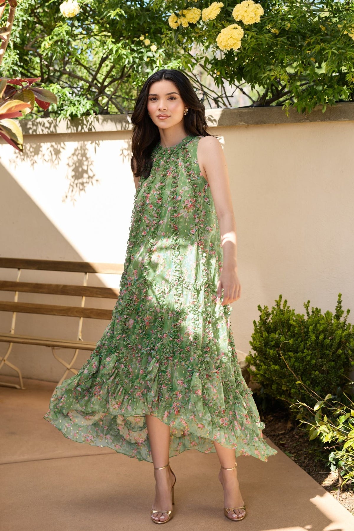 Mac Duggal Green Sleeveless Floral Chiffon Micro Ruffle Midi Dress