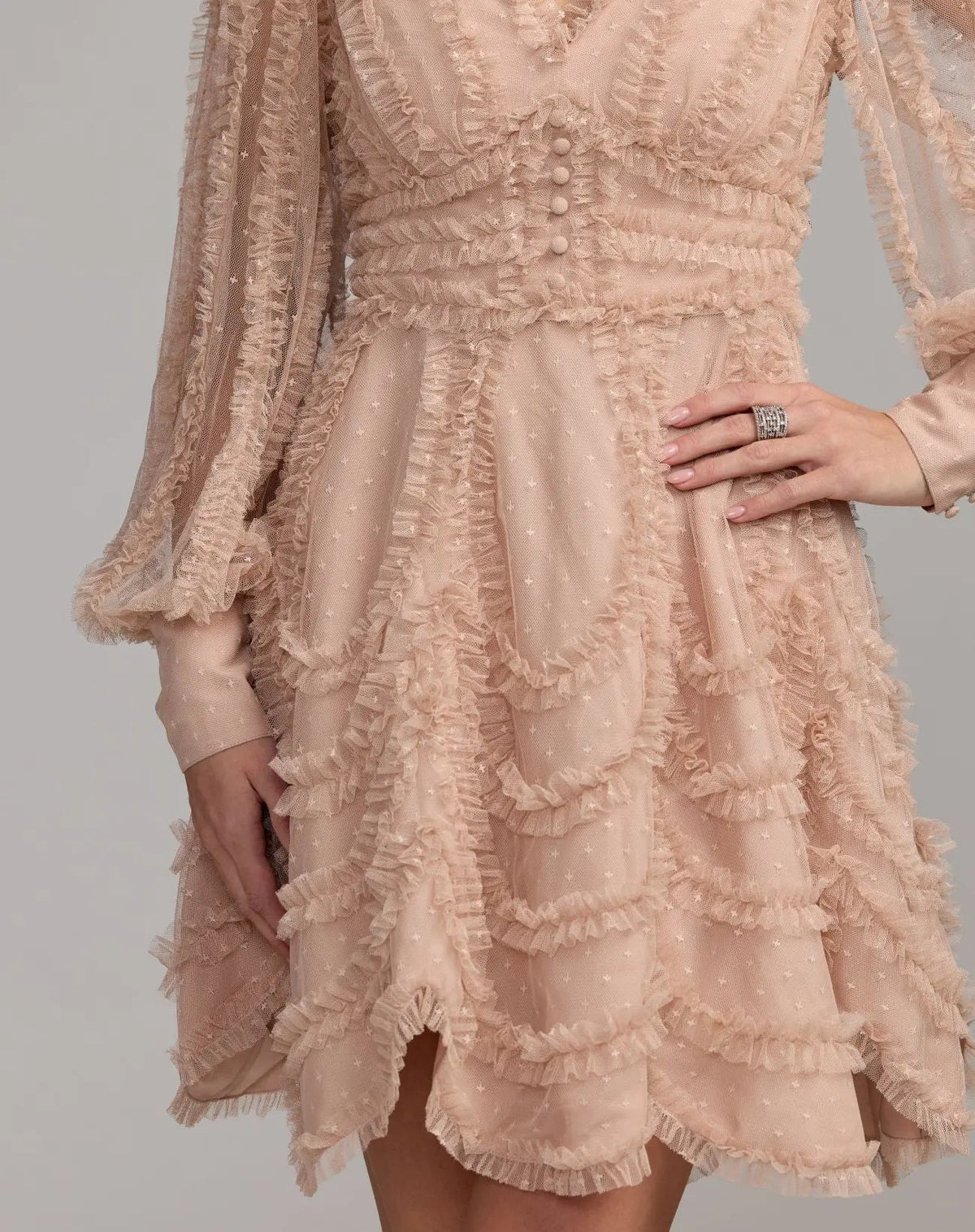 Mac Duggal Beige Long Sleeve Micro Ruffle V Neck Mini Dress