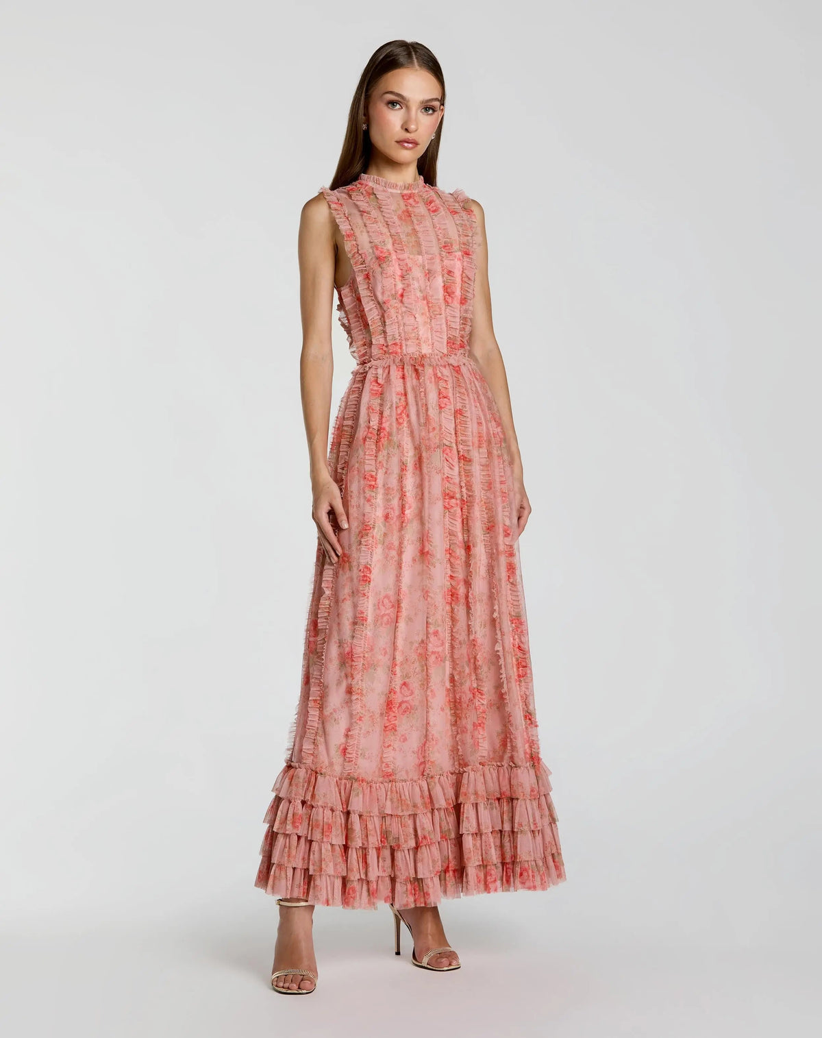 Mac Duggal Pink Floral Print Ruffle Maxi Dress