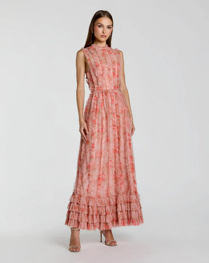 Mac Duggal Pink Floral Print Ruffle Maxi Dress