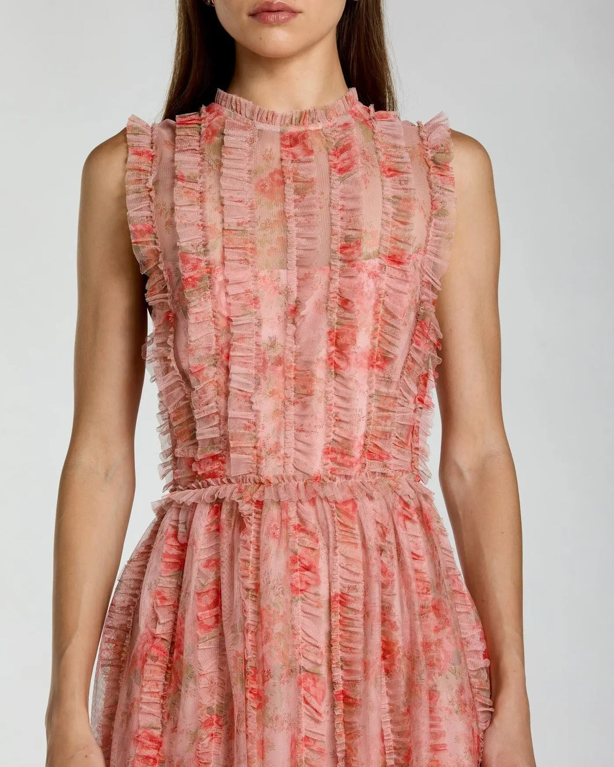 Mac Duggal Pink Floral Print Ruffle Maxi Dress